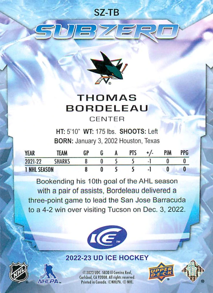 2022-23 UD Ice - Thomas Bordeleau - Sub Zero Rookies /999 #SZ-TB