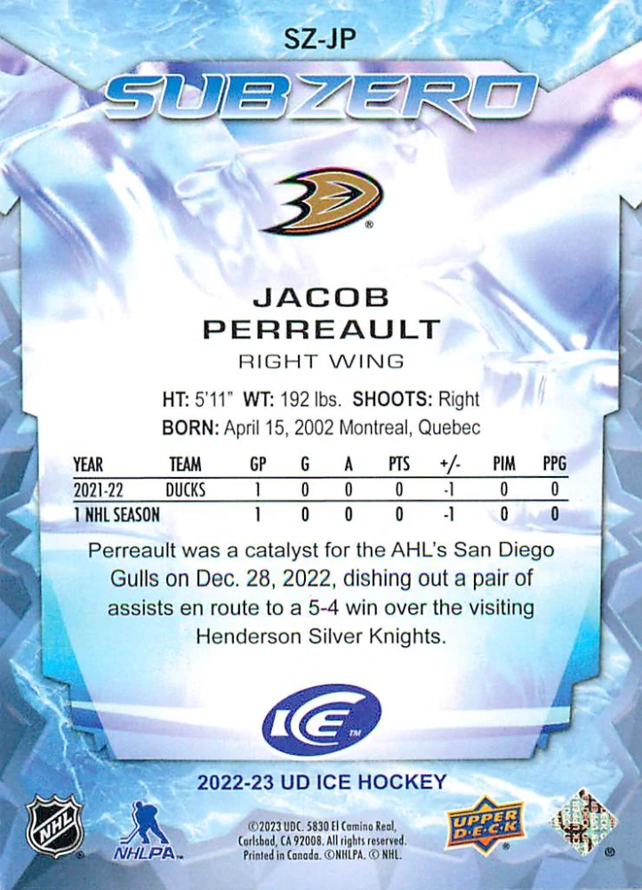2022-23 UD Ice - Jacob Perreault - Sub Zero Rookies /999 #SZ-JP
