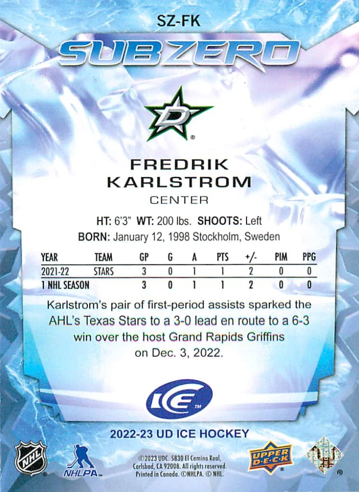 2022-23 UD Ice - Fredrik Karlstrom - Sub Zero Rookies /999 #SZ-FK