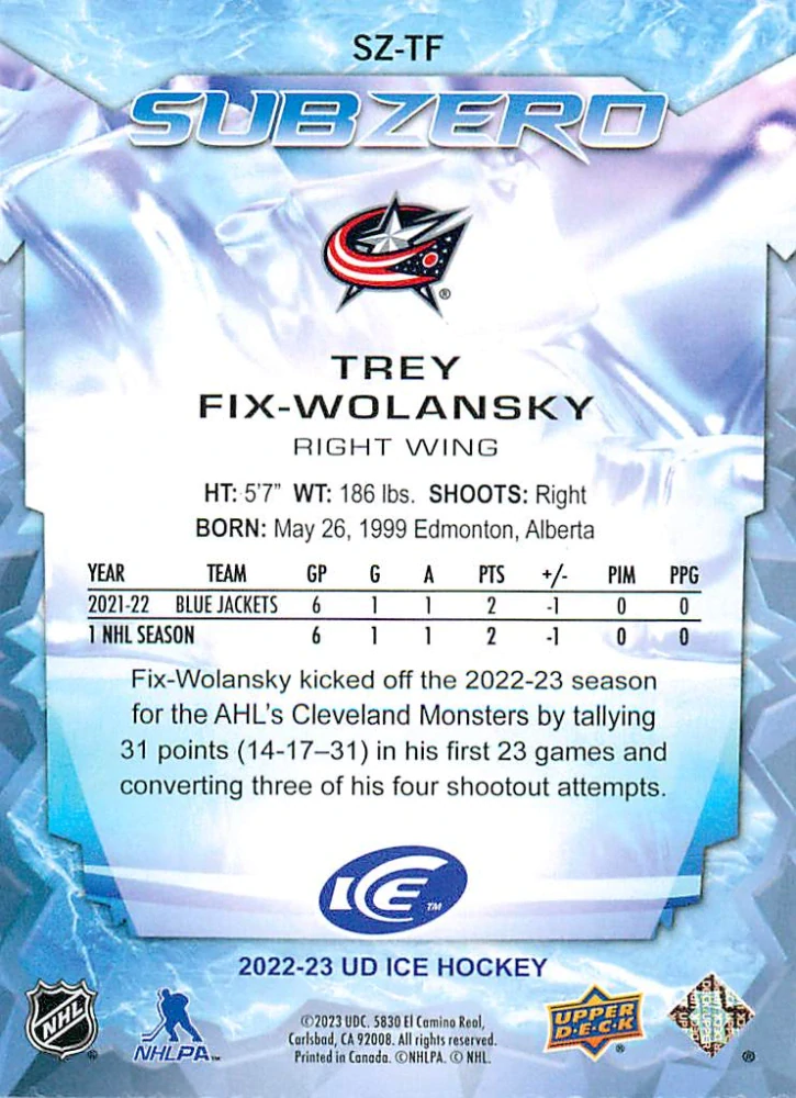 2022-23 UD Ice - Trey Fix-Wolansky - Sub Zero Rookies /999 #SZ-TF
