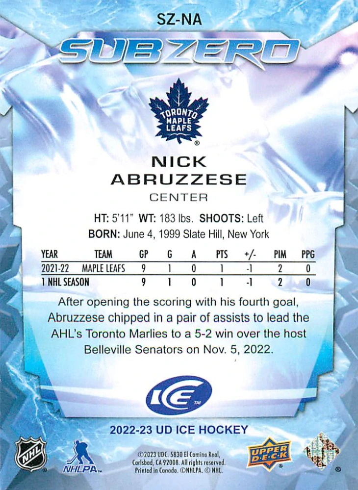 2022-23 UD Ice - Nick Abruzzese - Sub Zero Rookies /999 #SZ-NA
