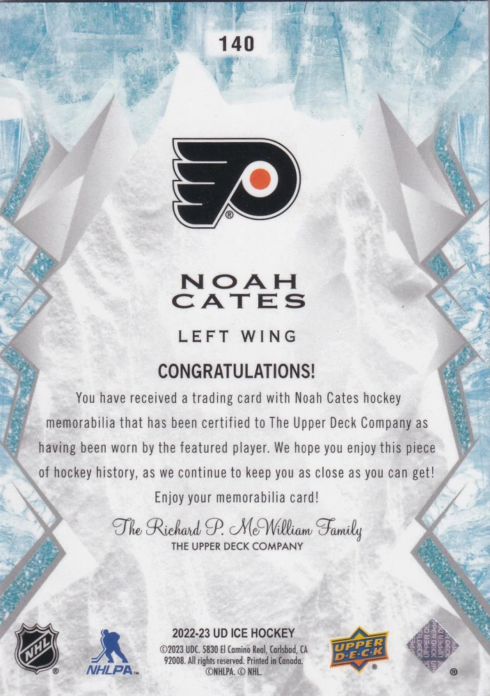 2022-23 UD Ice - Noah Cates - Rookie Jersey #140
