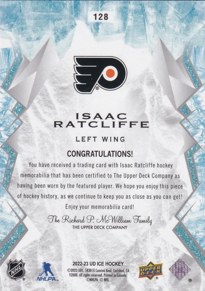 2022-23 UD Ice - Isaac Ratcliffe - Rookie Jersey  #128