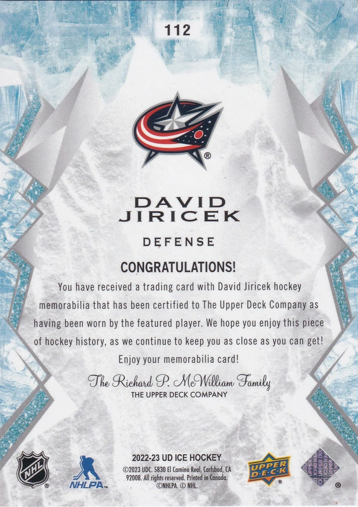 2022-23 UD Ice - David Jiříček - Rookie Jersey #112