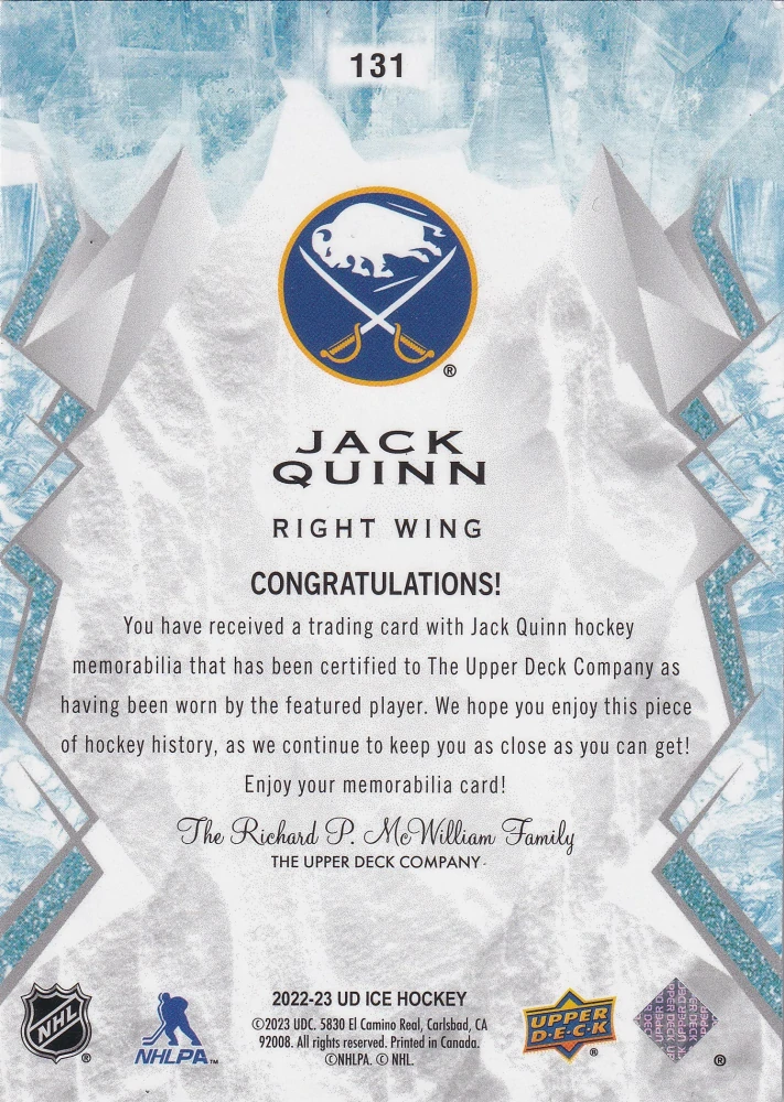 2022-23 UD Ice - Jack Quinn - Rookie Jersey  #131