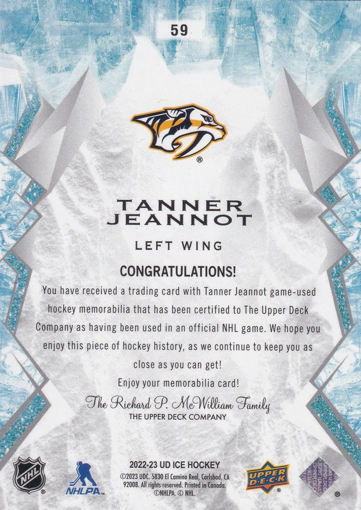 2022-23 UD Ice - Tanner Jeannot - Jersey #59