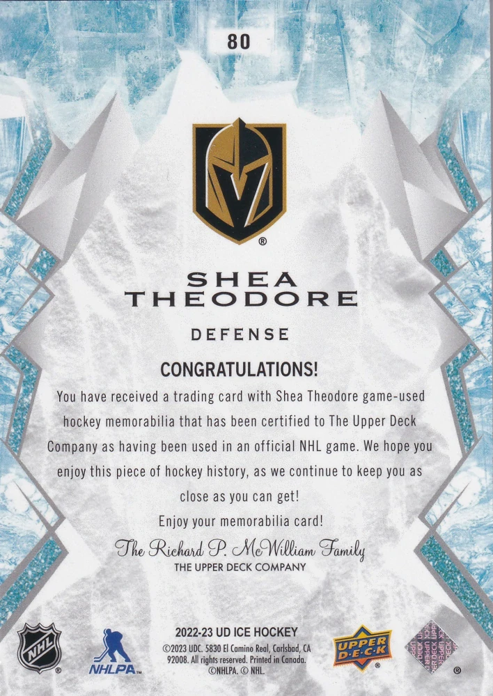 2022-23 UD Ice - Shea Theodore - Jersey  #80