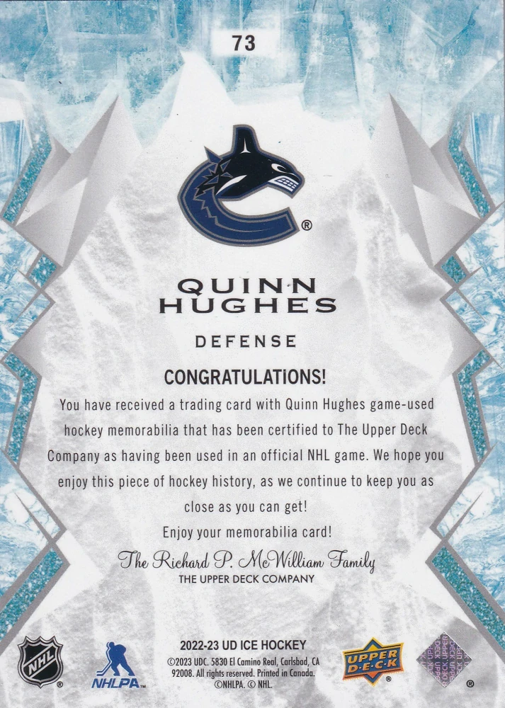 2022-23 UD Ice - Quinn Hughes - Jersey  #73