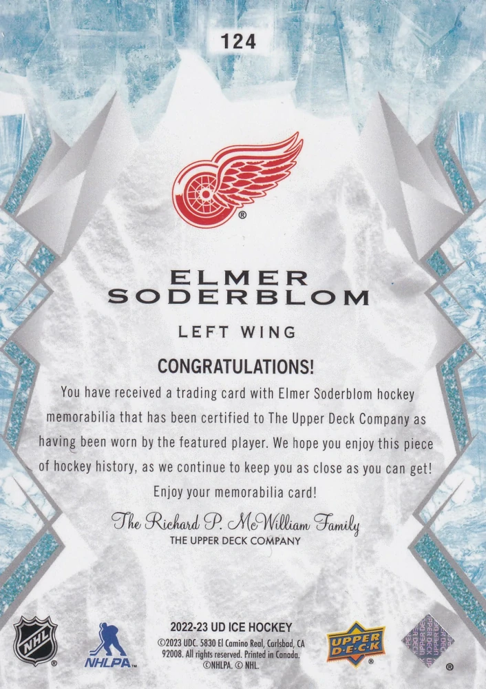 2022-23 UD Ice - Elmer Soderblom - Rookie Jersey #124