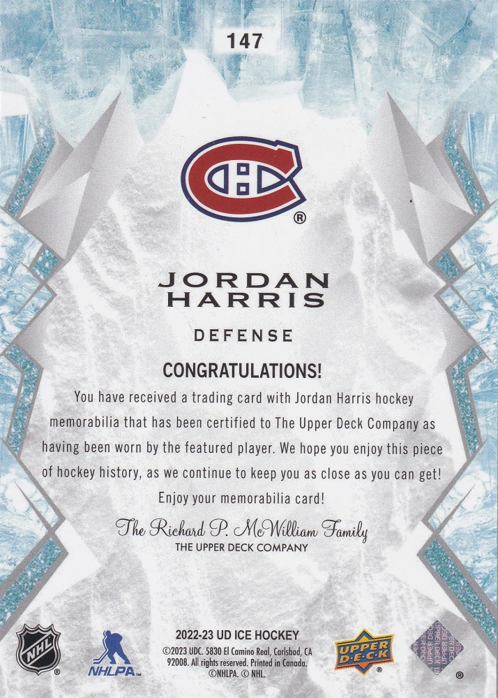 2022-23 UD Ice - Jordan Harris - Rookie Jersey  #147