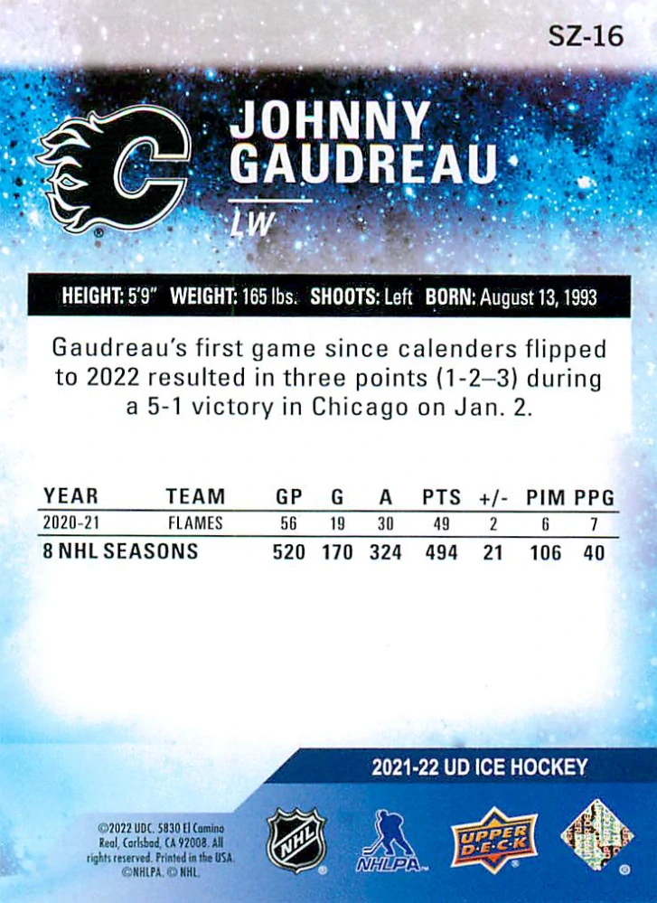 2021-22 UD Ice - Johnny Gaudreau - Sub Zero #SZ-16