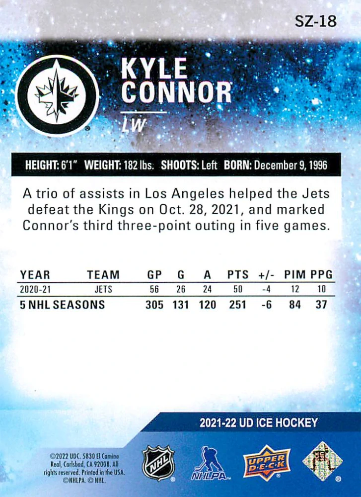 2021-22 UD Ice - Kyle Connor - Sub Zero #SZ-18
