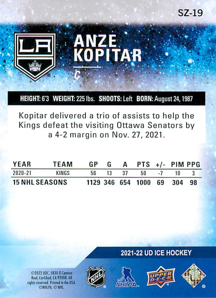 2021-22 UD Ice - Anze Kopitar - Sub Zero #SZ-19