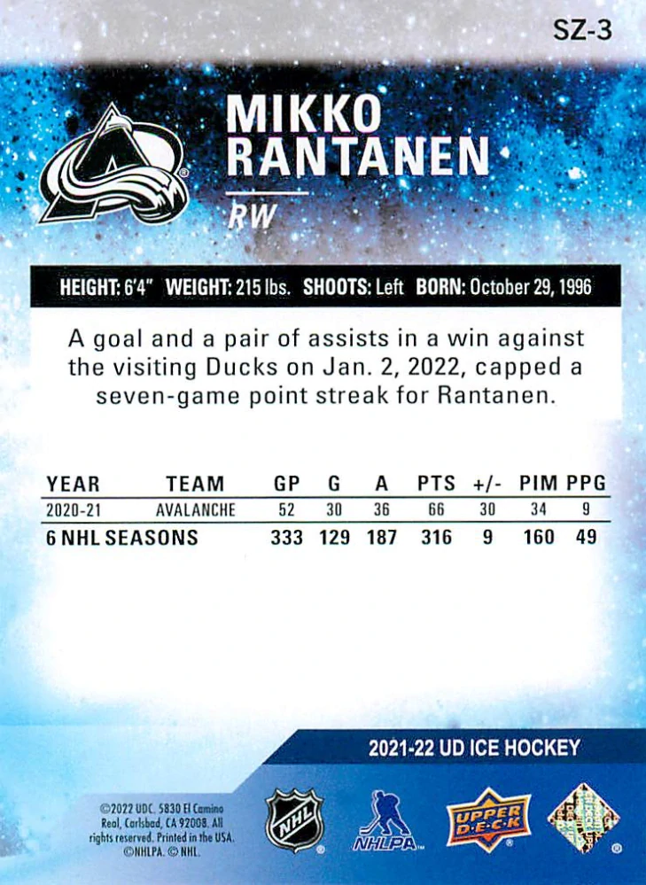 2021-22 UD Ice - Mikko Rantanen - Sub Zero #SZ-3