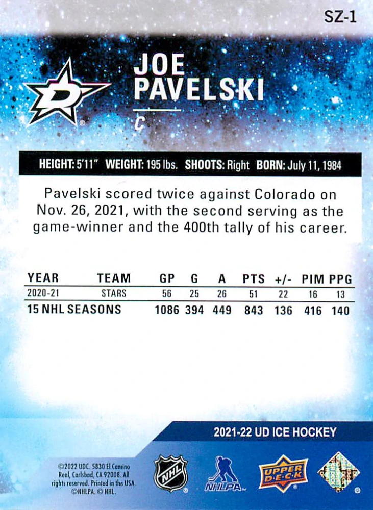 2021-22 UD Ice - Joe Pavelski - Sub Zero #SZ-1