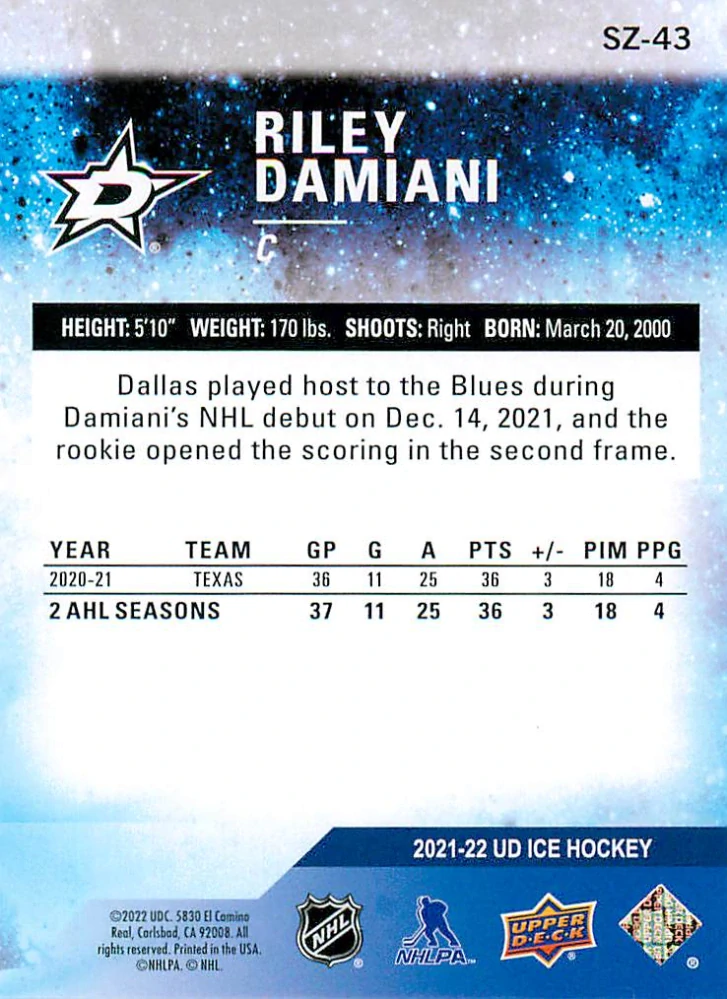 2021-22 UD Ice - Riley Damiani - Sub Zero Rookies /999 #SZ-43
