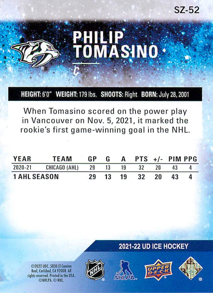 2021-22 UD Ice - Philip Tomasino - Sub Zero Rookies /999 #SZ-52