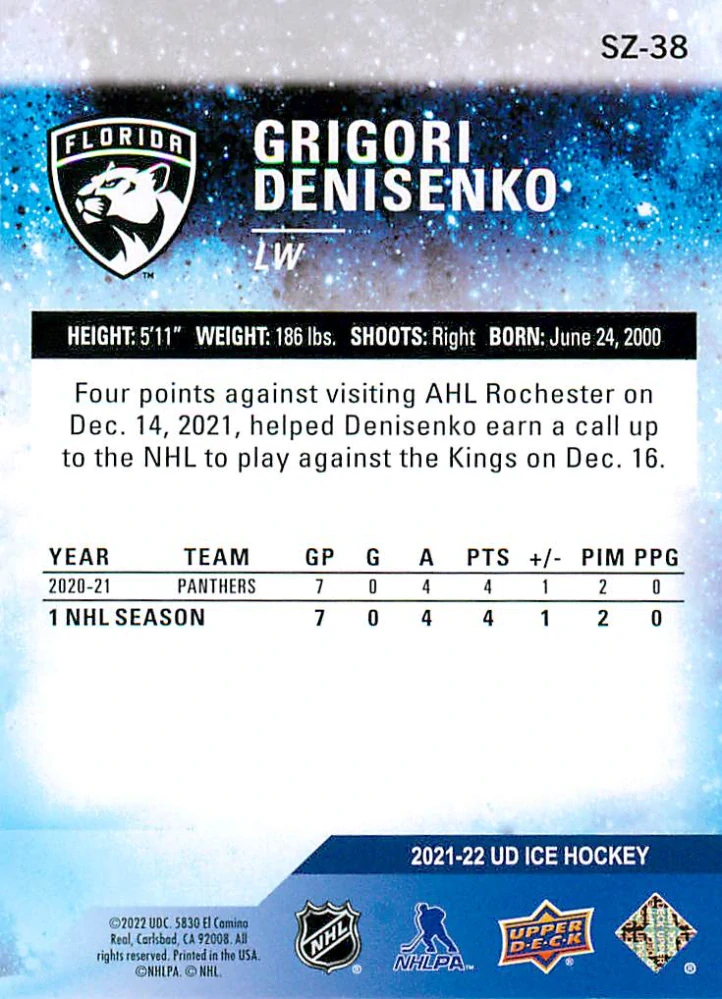 2021-22 UD Ice - Grigori Denisenko - Sub Zero Rookies /999 #SZ-38