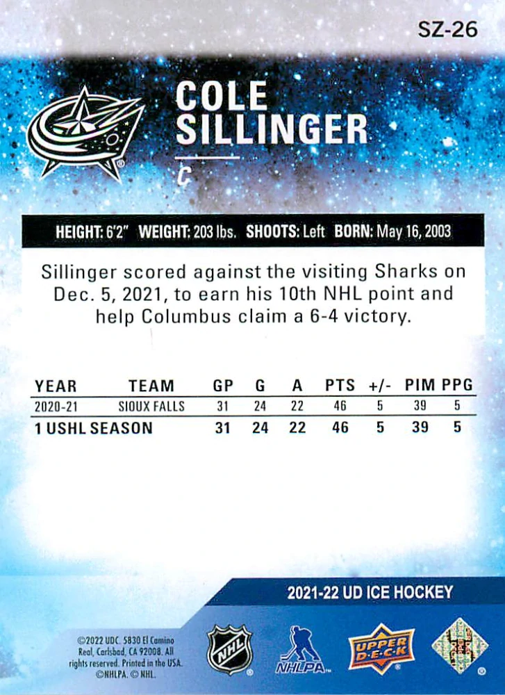 2021-22 UD Ice - Cole Sillinger - Sub Zero Rookies /999 #SZ-26