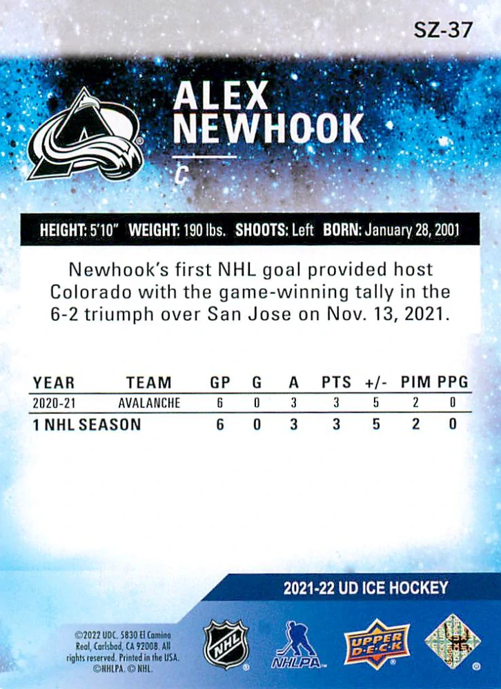 2021-22 UD Ice - Alex Newhook - Sub Zero Rookies /999 #SZ-37