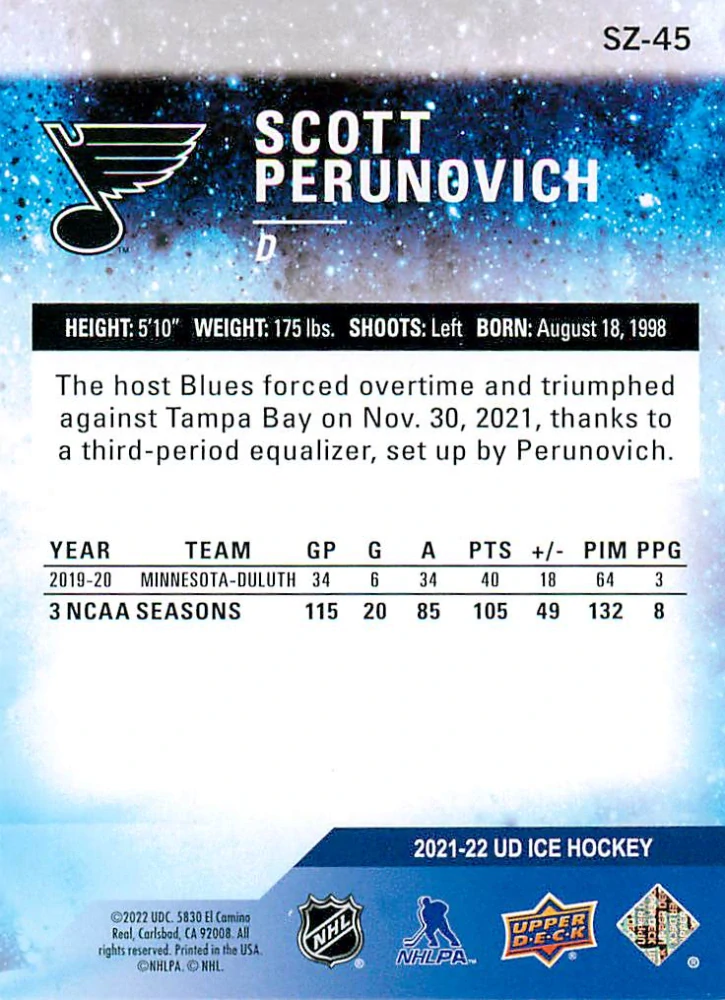 2021-22 UD Ice - Scott Perunovich - Sub Zero Rookies /999 #SZ-45