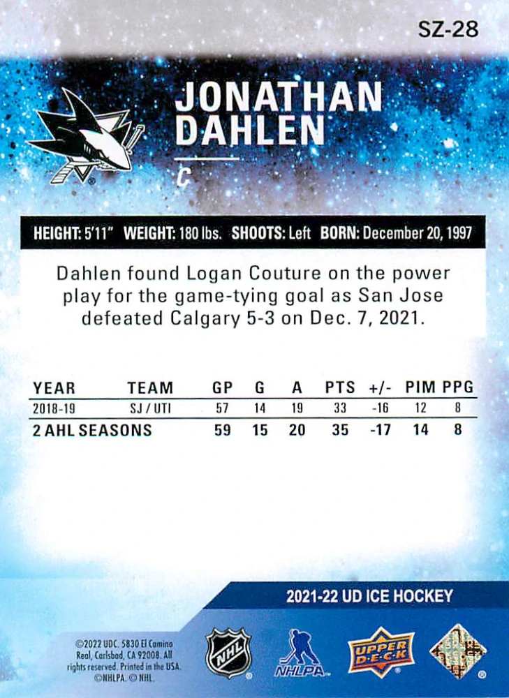 2021-22 UD Ice - Jonathan Dahlen - Sub Zero Rookies /999 #SZ-28