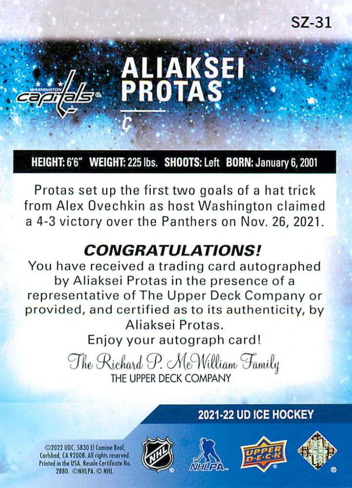 2021-22 UD Ice - Aliaksei Protas - Sub Zero Rookies Blue Autograph #SZ-31