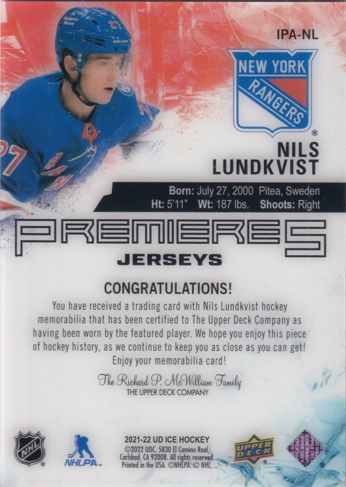 2021-22 UD Ice - Nils Lundkvist - Premieres Jerseys #IPA-NL