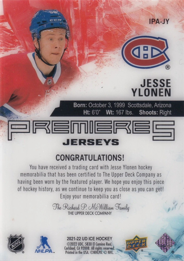 2021-22 UD Ice - Jesse Ylonen - Premieres Jerseys #IPA-JY