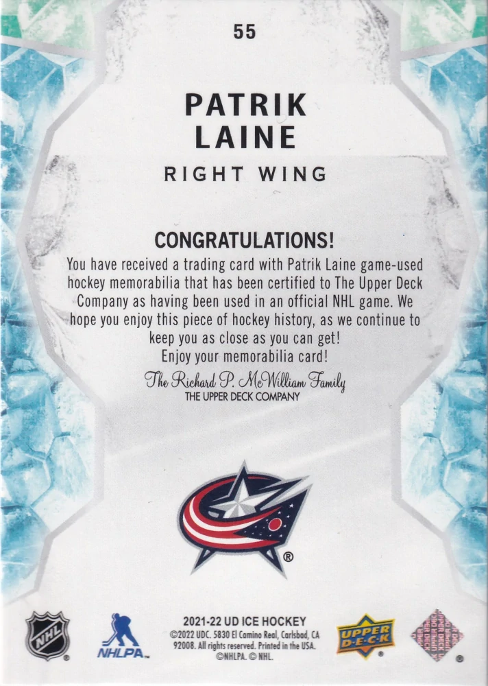 2021-22 UD Ice - Patrik Laine - Jersey #55