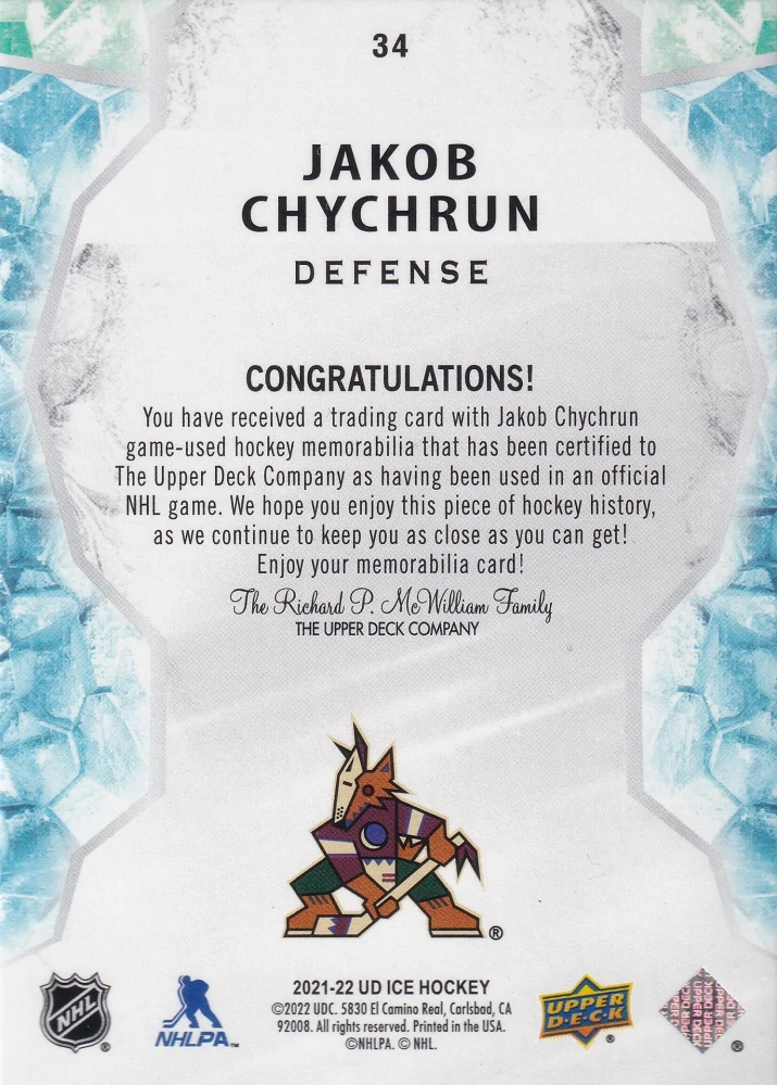 2021-22 UD Ice - Jakob Chychrun - Jersey #34