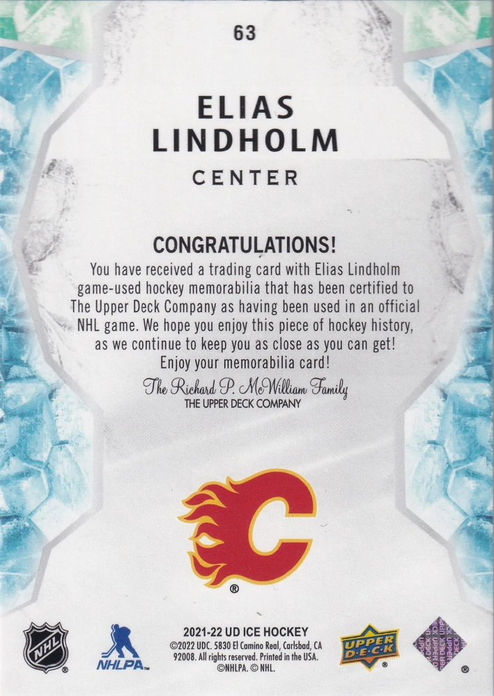 2021-22 UD Ice - Elias Lindholm - Jersey #63