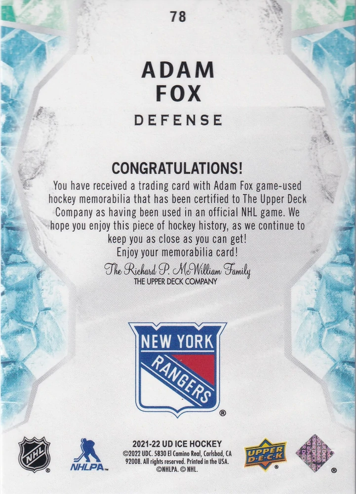 2021-22 UD Ice - Adam Fox - Jersey #78