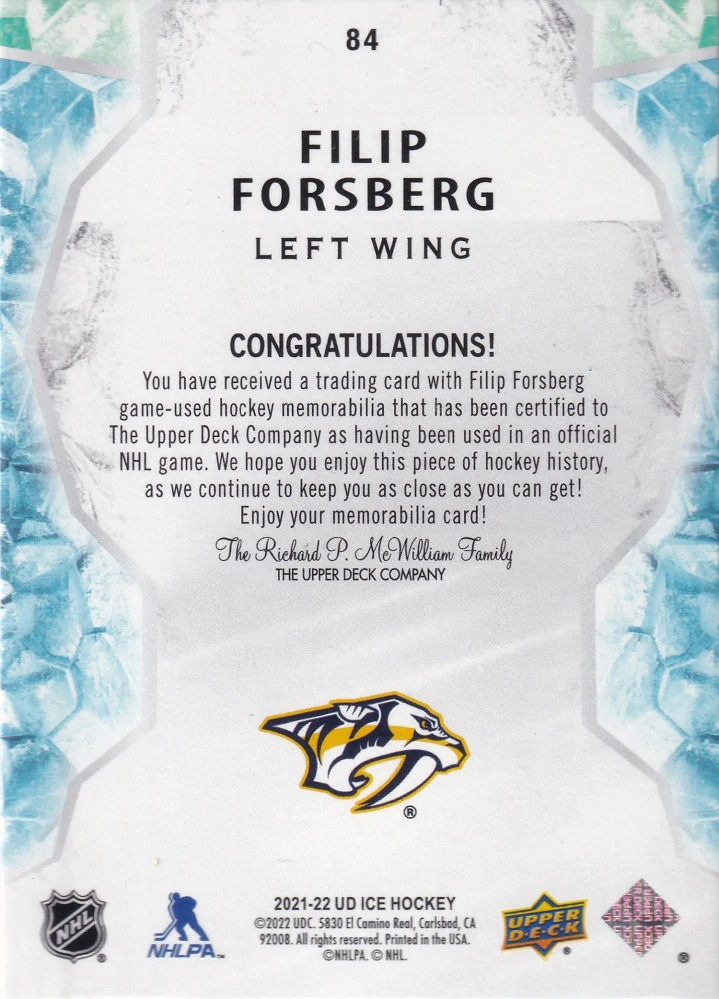 2021-22 UD Ice - Filip Forsberg - Jersey #84