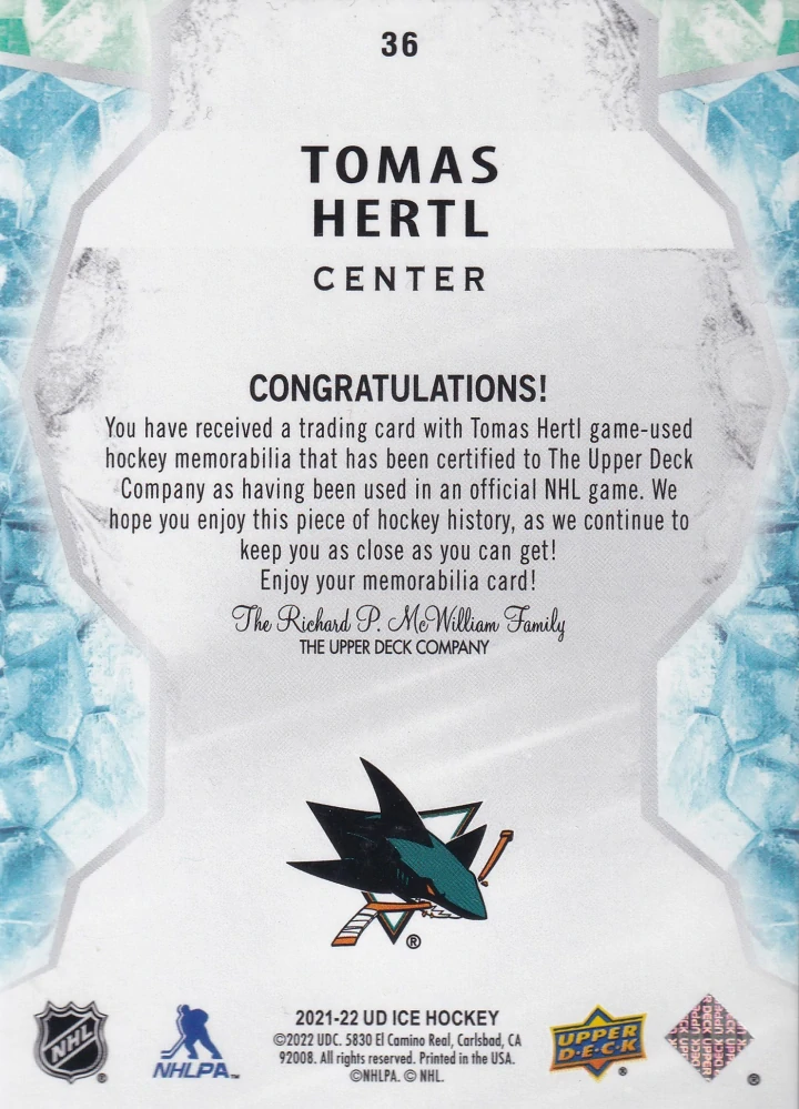 2021-22 UD Ice - Tomáš Hertl - Jersey #36