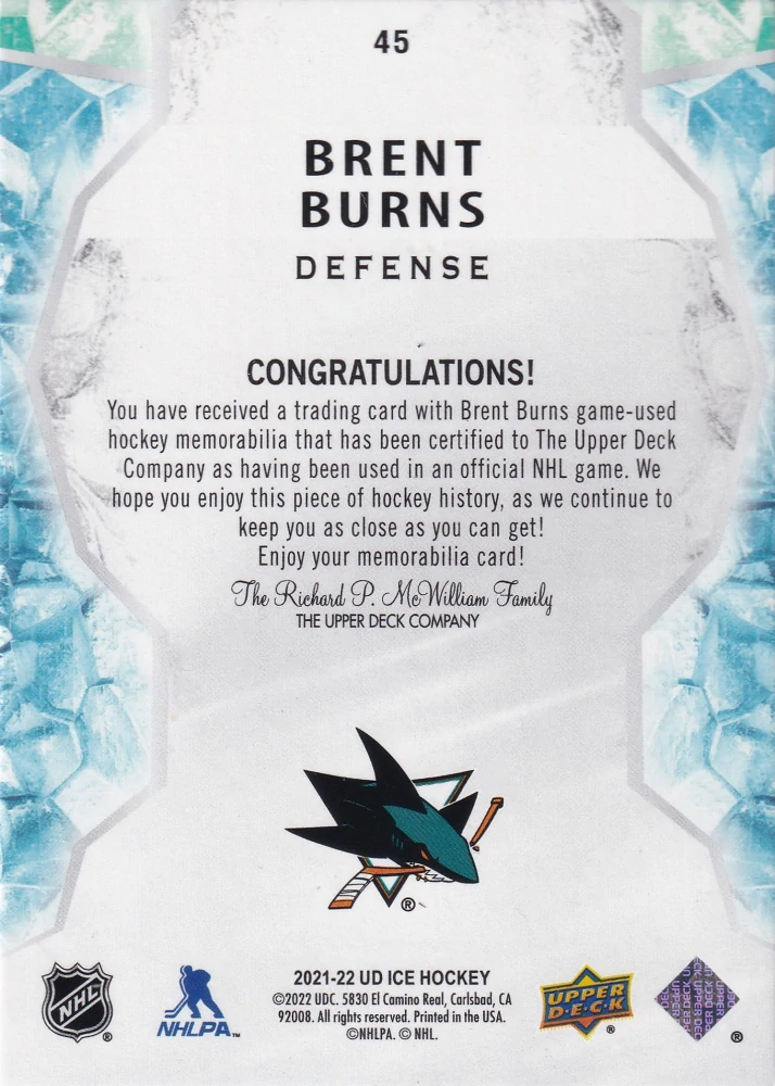 2021-22 UD Ice - Brent Burns - Jersey #45