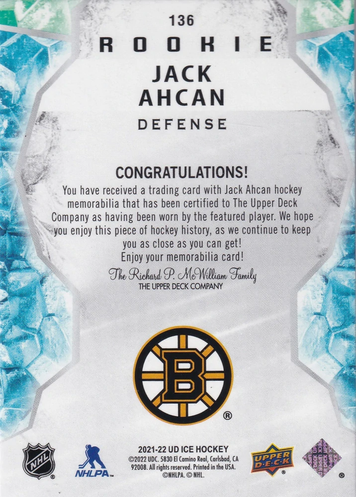 2021-22 UD Ice - Jack Ahcan - Jersey #136