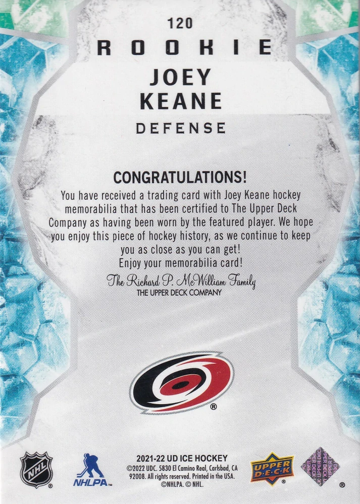 2021-22 UD Ice - Joey Keane - Jersey #120