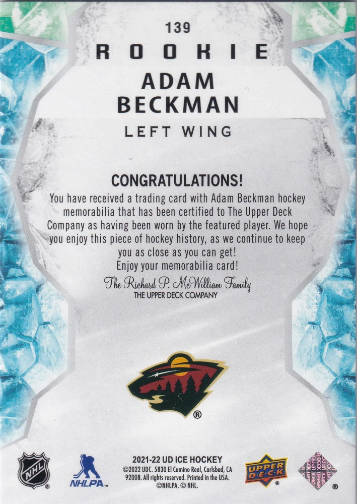2021-22 UD Ice - Adam Beckman - Jersey #139
