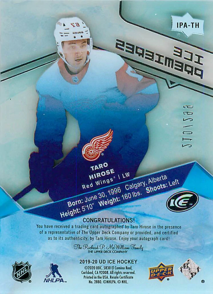 2019-20 UD Ice - Taro Hirose - Ice Premieres Autograph /299 #IPA-TH