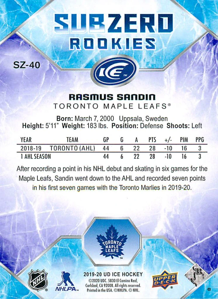 2019-20 UD Ice - Rasmus Sandin - Sub Zero Rookies /999 #SZ-40