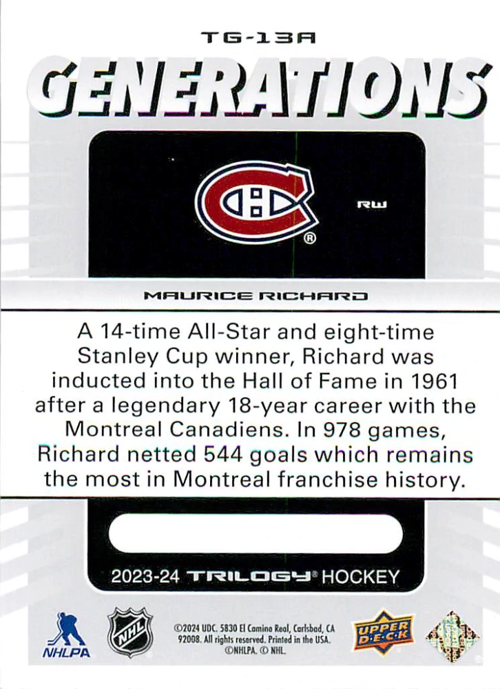 2023-24 UD Trilogy - Maurice Richard - Generations #TG-13A