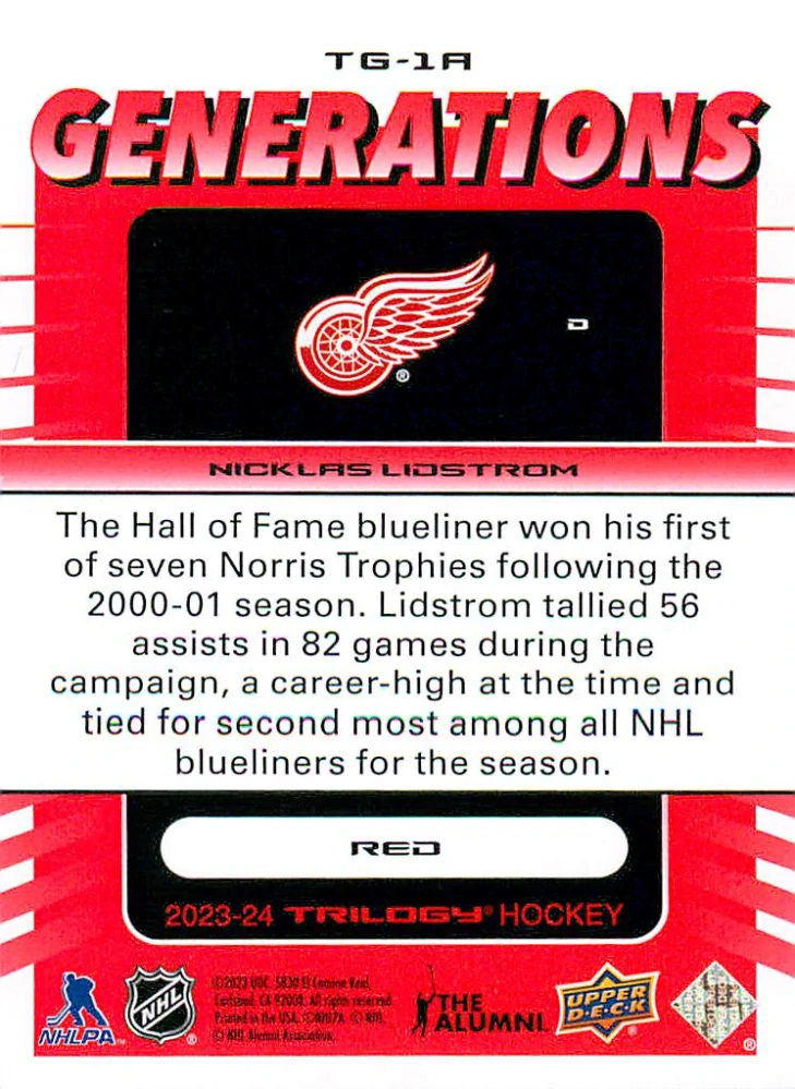 2023-24 UD Trilogy - Nicklas Lidstrom - Generations Red /799 #TG-1A