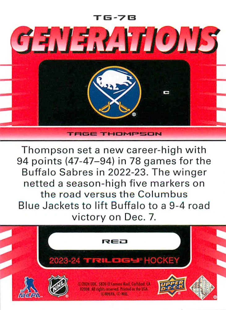 2023-24 UD Trilogy - Tage Thompson - Generations Red /799 #TG-7B