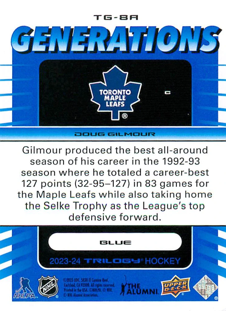 2023-24 UD Trilogy - Doug Gilmour - Generations Blue /349 #TG-8A