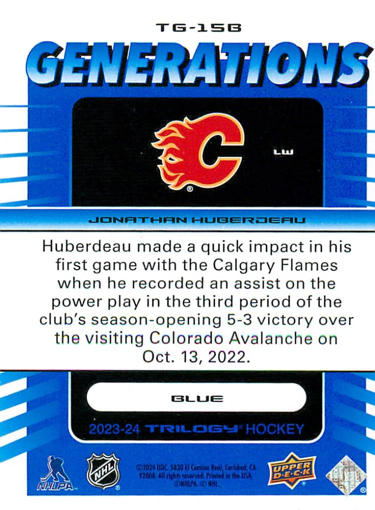 2023-24 UD Trilogy - Jonathan Huberdeau - Generations Blue /349 #TG-15B