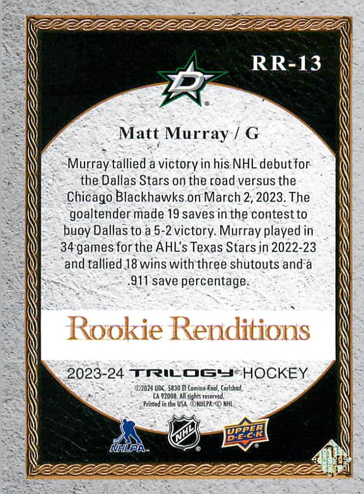 2023-24 UD Trilogy - Matt Murray - Rookie Renditions #RR-13