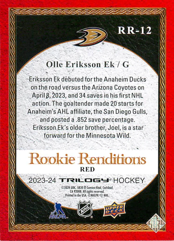 2023-24 UD Trilogy - Olle Eriksson Ek - Rookie Renditions Red /799 #RR-12