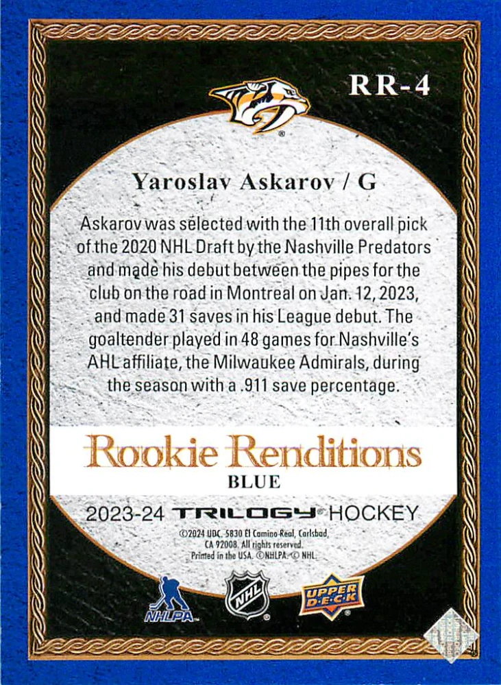 2023-24 UD Trilogy - Yaroslav Askarov - Rookie Renditions Blue /499 #RR-4
