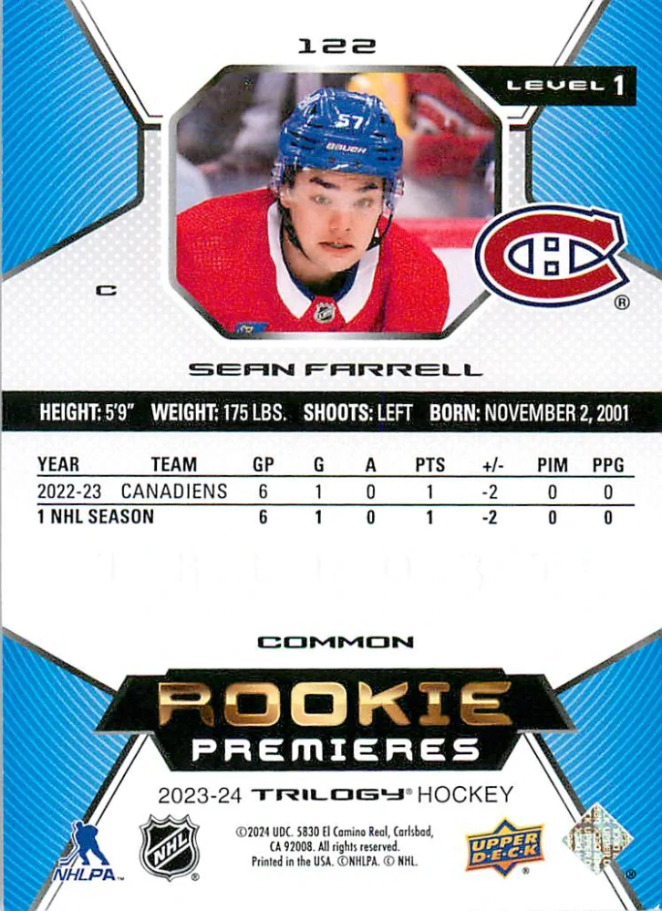 2023-24 UD Trilogy - Sean Farrell - Rookie Premieres /999 #122